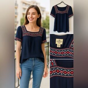St. John’s Bay Navy Blue Embroidered Boho Peasant Top Size M